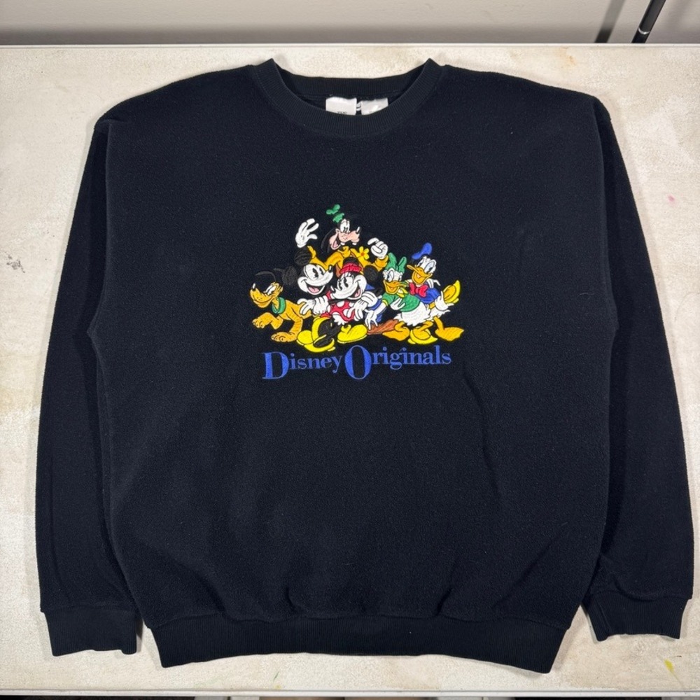 Disney Originals Fleece Sweatshirt Black Mickey Mouse Embroidered Mens Large